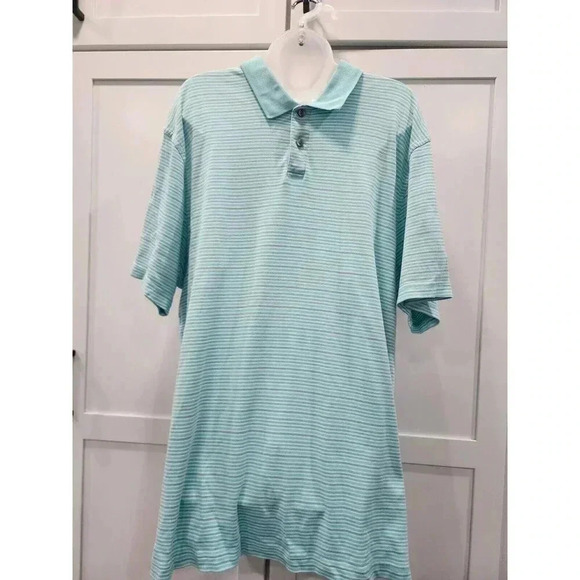 Tasso Elba Polo Shirt Mens XXL Aqua Blue Striped Short Sleeve Contrast Collar - Picture 1 of 6